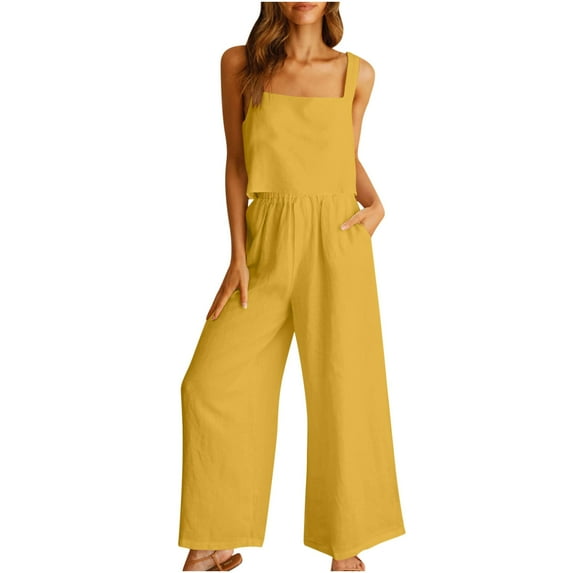 Moxiu 2 Piece Workout Sets for Women Comfy Cotton Linen Summer Outfit Plus Size Square Neck Tank Tops with Wide Leg Pants Lounge Sets 2025 Yellow,M