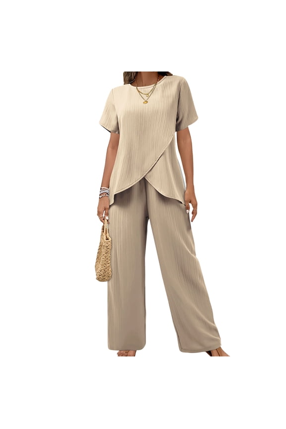 2 Pieces Pants Suits for Women Dressy Irregular Short Sleeve Tops and Wide Leg Pants Sets Ruffle Layered Formal Guest Outfit Beige,M