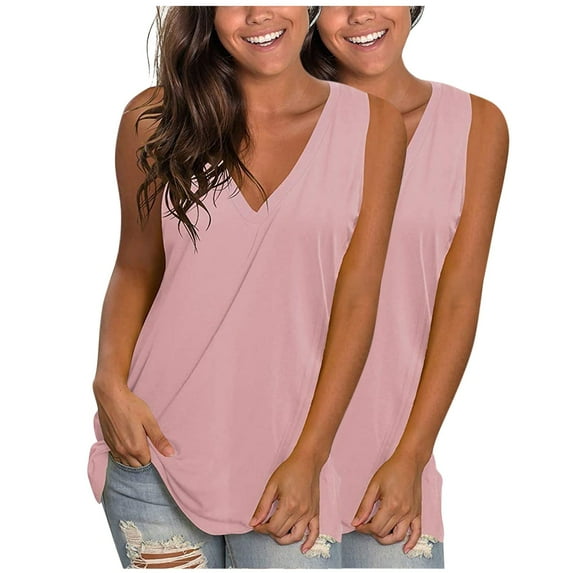 Moxiu 2Pcs Tank Tops for Women V Neck Sleeveless Shirts Casual Loose Fit Basic Tee Athletic Sports Shirts Going Out Tops 2025 Pink,L