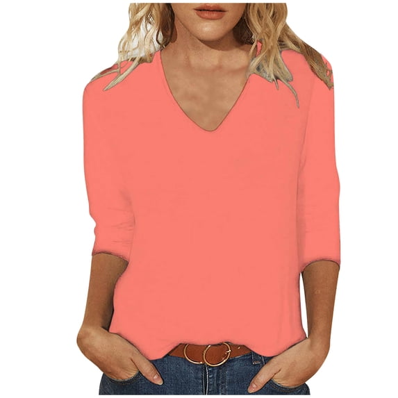 Moxiu 3/4 Length Sleeve Shirts for Women 2024 Basic Solid Color Tshirt Dressy Trendy Casual Summer Blouses Loose V Neck Pullover Tops Pink,M
