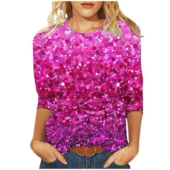 Moxiu 3/4 Length Sleeve Womens Tops Dressy 2025 Trendy Print Graphic Tee Shirt Casual Loose with Round Neck Plus Size Shirts Tunic Blouses Multicolor,L