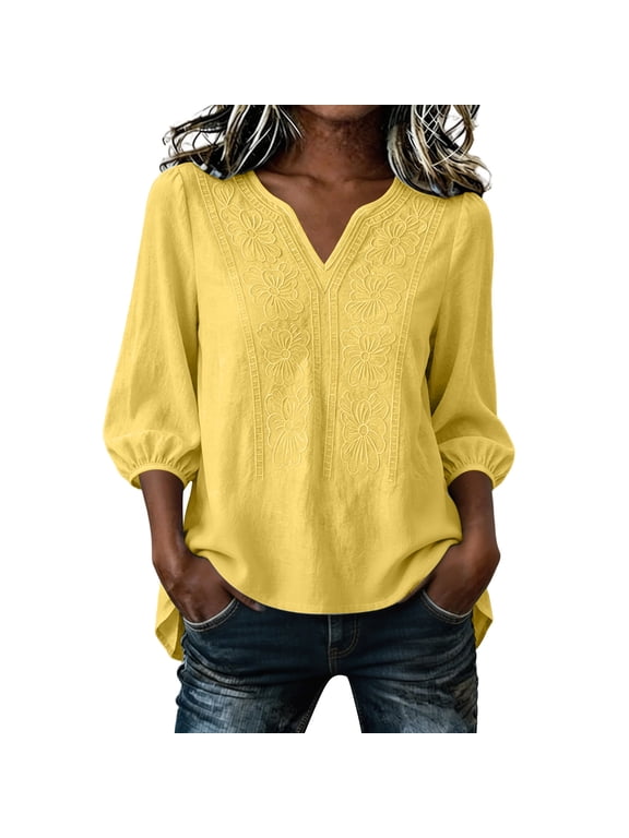 3/4 Sleeve Embroidered Tunic Tops for Women Boho Peasant Blouse Gauze Cotton Linen Shirts V Neck Casual Bohemian Loose Top Yellow,XXL