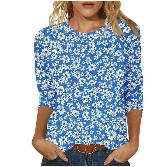 Moxiu 3/4 Sleeve Graphic T Shirts for Women Tops and Blouses Dressy Casual Floral Print Crewneck Tunic Tops Loose Tees Shirt 2025 Blue,XXXXL