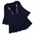 thumbnail image 1 of Moxiu 3/4 Sleeve Plus Size Boho Tops Womens Mexican Embroidered Cotton Linen Lace Up Flowy Lace Trim Blouses Navy,L, 1 of 8