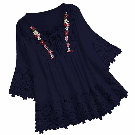 Moxiu 3/4 Sleeve Plus Size Boho Tops Womens Mexican Embroidered Cotton Linen Lace Up Flowy Lace Trim Blouses Navy,L