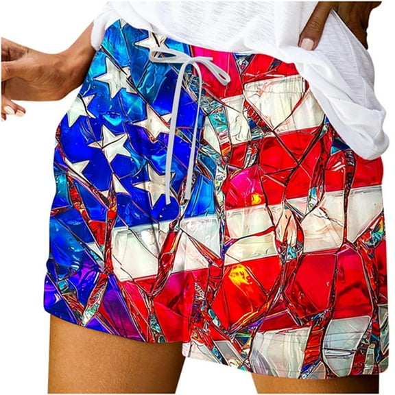 Moxiu 4th July Shorts Women 2025 Casual Summer Comfy Drawstring Shorts with Pockets America Flag Beach Patriotic Shorts Multicolor,XXL
