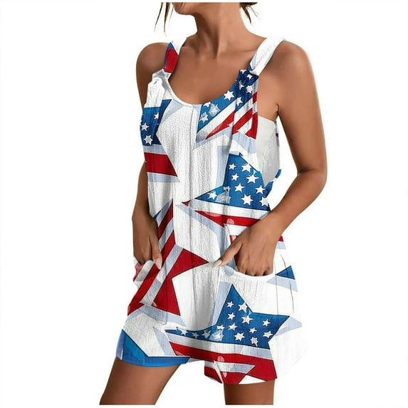 Moxiu American Flag Romper for Women Summer Casual 2025 Jumpsuits Loose Fit Adjustable Strap Patriotic Shorts Overalls 4th of July Jumpsuit for Women White,L