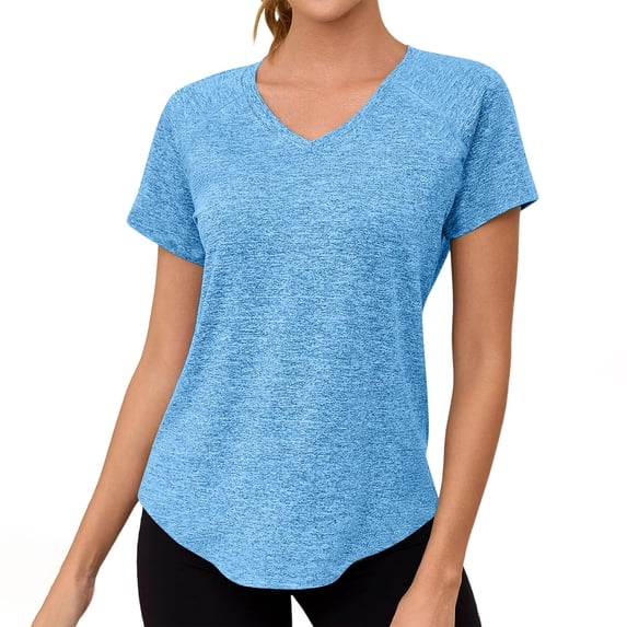 Moxiu Athletic V Neck Workout Tees Womens Short Sleeve Summer Gym Yoga Casual Tops Blue,M