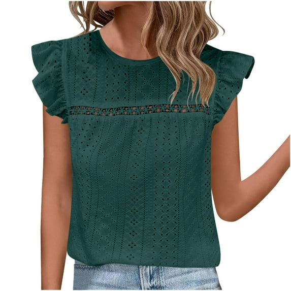 Moxiu Baby Doll Tops for Women 2025,Womens Summer Tops Crewneck Eyelet Ruffle Sleeve Blouses Elegant Dressy Casual Babydoll Shirts Green,XL