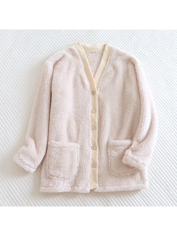 Bed Jacket Women Plush Jackets Fuzzy Fleece Pajama Tops Button Up Sleepwear Long Sleeve Winter Coats with Pockets White,L