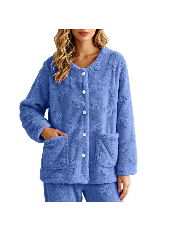 Bed Jacket for Women Soft Cozy Fleece Plush Jackets Floral Texture Pajama Top with Pockets Button Front Lounge Sleepwear Blue,S