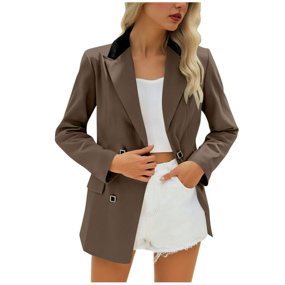 Moxiu Blazers for Women Open Front Business Work Office Long Sleeve Light Jackets for Women Casual Button Suit Jackets Blazer 2025 Coffee,L
