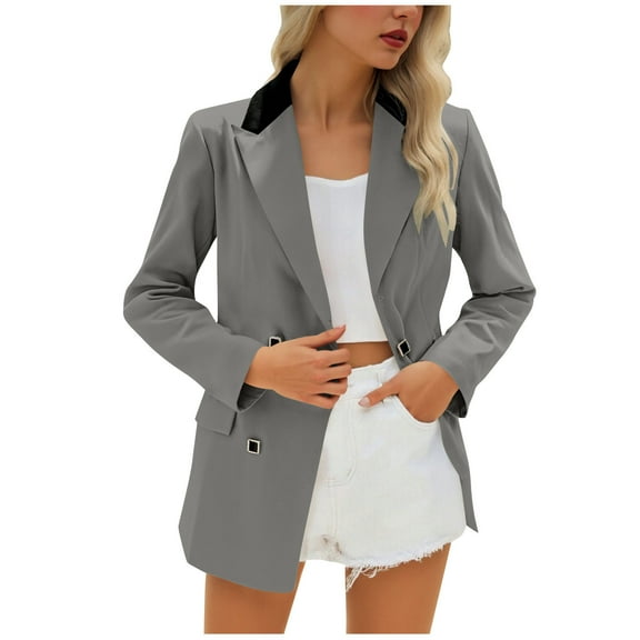 Moxiu Blazers for Women Open Front Business Work Office Long Sleeve Light Jackets for Women Casual Button Suit Jackets Blazer 2025 Gray,M