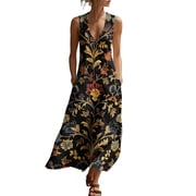 Moxiu Boho Dresses for Women Summer Flowy Sun Dress with Pockets Sleeveless Button V Neck Tank Sundress 2026 Beach Vacation Maxi Dresses