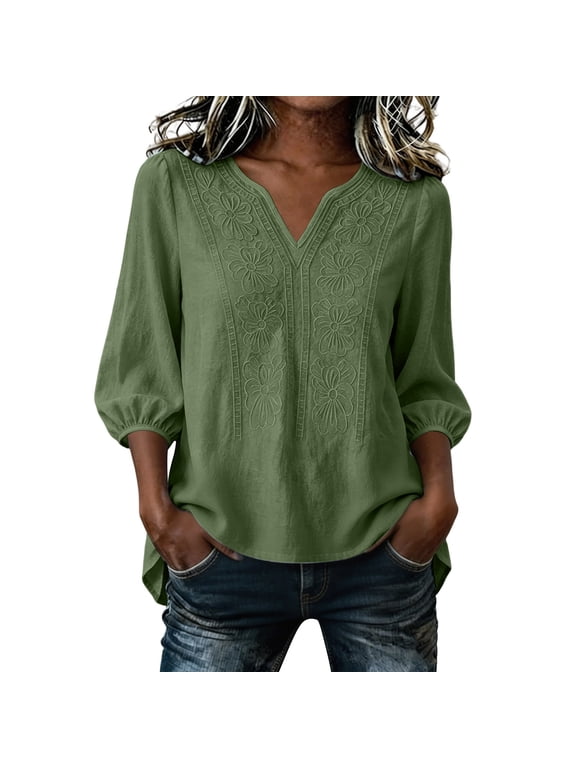 Boho Embroidered 3/4 Sleeve Tops Women Summer Peasant Blouse Gauze Cotton Linen Shirts V Neck Casual Bohemian Loose Tunics Green,XXL