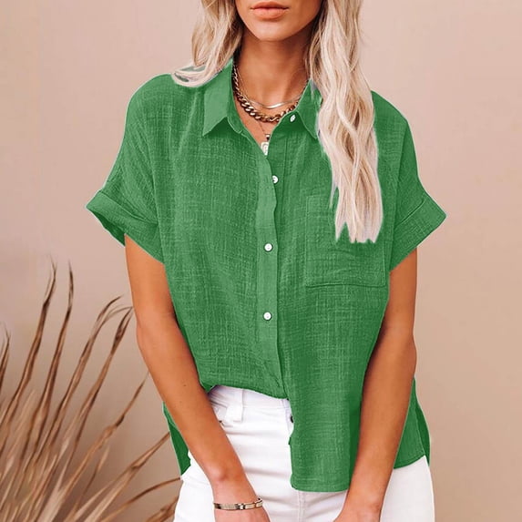 Moxiu Button Down Cotton Linen Shirts for Women Summer V Neck Roll Up Short Sleeve Blouses Casual Loose Collared Work Shirt Tops Green,XXL