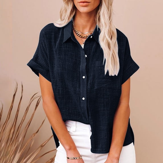 Moxiu Button Down Cotton Linen Shirts for Women Summer V Neck Roll Up Short Sleeve Blouses Casual Loose Collared Work Shirt Tops Navy,XXXL