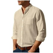 Moxiu Button Up Linen Shirts for Men Long Sleeve Beach Band Collar Casual Summer Shirts Lightweight Vacation Daily Shirts 2025 Khaki,M