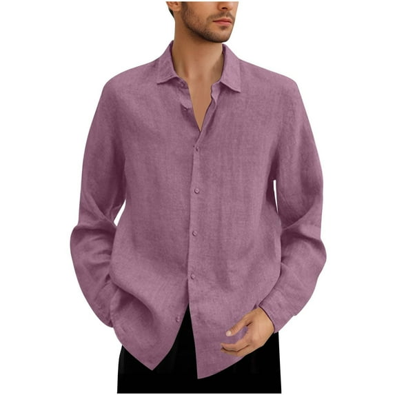 Moxiu Button Up Linen Shirts for Men Long Sleeve Beach Band Collar Casual Summer Shirts Lightweight Vacation Daily Shirts 2025 Pink,XL
