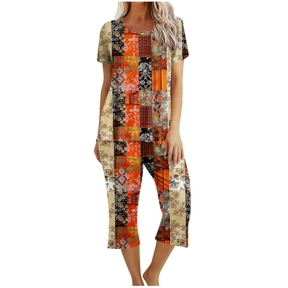Moxiu Capri Pajamas for Women Set 2 Piece Pajama Sets Short Sleeve Round Neck Top with Capri Pants with Pockets Sleepwear Loungewear 2025 Multicolor,XXL