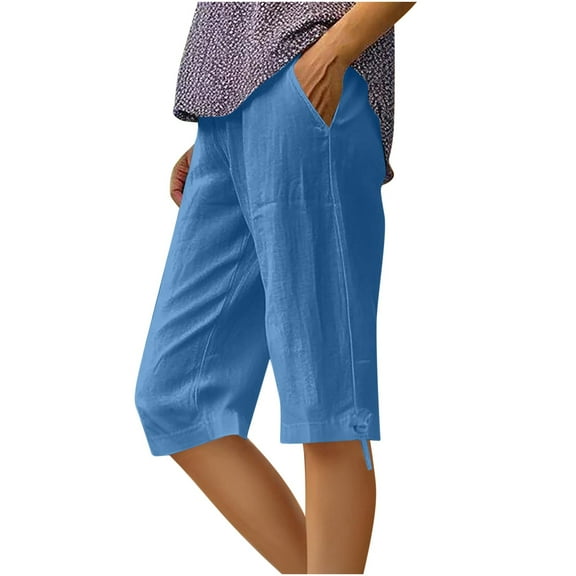 Moxiu Capri Pants for Women Cotton Linen Casual Summer 2025 Straight Wide Leg Elastic Waist Cropped Trouser with Drawstring Blue,XL