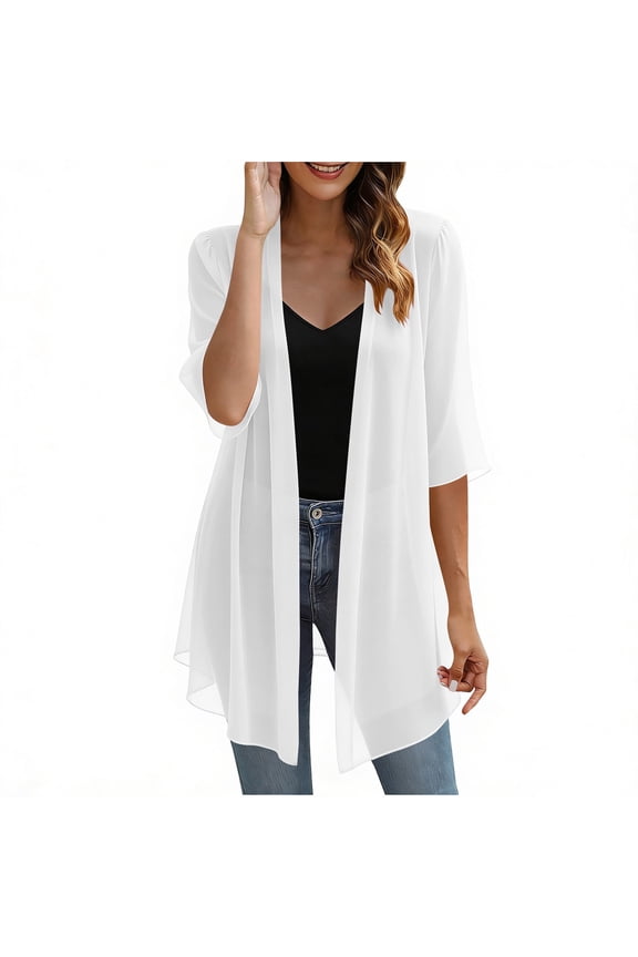 Chiffon Kimono Cardigans for Women Summer Mid Long Sheer Cardigan Trendy Loose Beach Cover Up Casual Thin Draped Tops