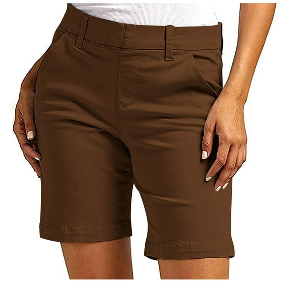 Moxiu Chino Bermuda Shorts for Women Casual Summer High Waisted Stretchy Shorts Straight Leg Hiking Vacation Suit Shorts Brown,XXL