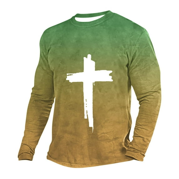 Moxiu Christian Shirts for Men Faith Jesus Cross Print Long Sleeve Graphic Tee Shirts Casual Stylish Crewneck Pullover Tops Green,XXXXL