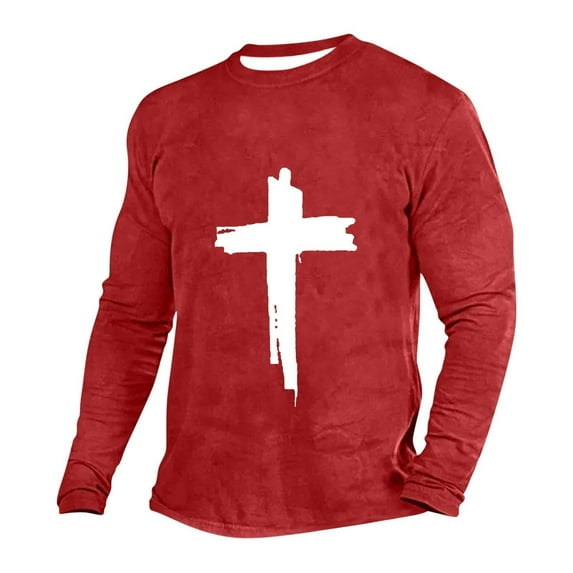 Moxiu Christian Shirts for Men Jesus Cross Print Faith Long Sleeve Casual Tops Crew Neck Slim Fit Vintage Graphic Tee Shirt Red,L
