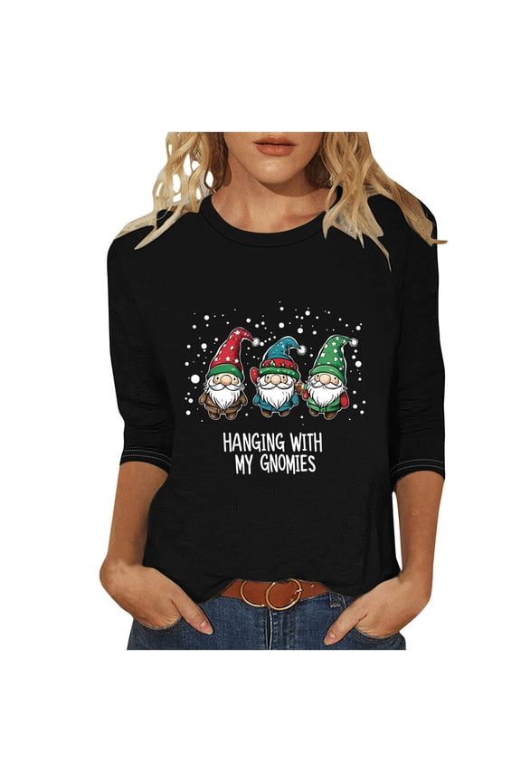 Christmas Gnomes Shirts for Women 3/4 Sleeve Crew Neck Xmas Graphic Elbow Length Holiday Party Tunic Tops Tee Green,XXL