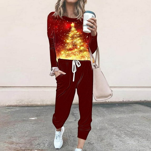 Moxiu Christmas Set Women,Lounge Sets for Women Sweatsuits Sets Two Piece Outfit Christmas Print Long Sleeve Tops and Jogger Pant Workout Athletic Tracksuits 2024 Multicolor,XXXL