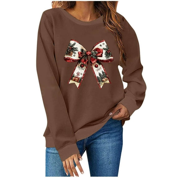 Moxiu Christmas Sweatshirt for Women Vintage Santa Claus Merry Christmas Crewneck Long Sleeve Holiday Pullover Top Brown,M