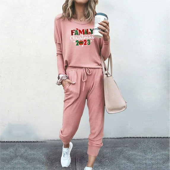 Moxiu Christmas Sweatsuits for Women Sets 2 Piece Outfits Casual Lounge Sets Two Piece Sweat Suits,Fun Letter Print Long Sleeve Sweatshirt Jogger Pants Set Workout Athletic Tracksuits