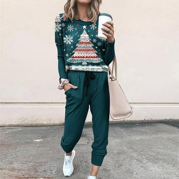 Moxiu Christmas Sweatsuits Womens,Lounge Sets for Women Sweatsuits Sets Two Piece Outfit Christmas Print Long Sleeve Tops and Jogger Pant Workout Athletic Tracksuits 2024 Multicolor,XXXL