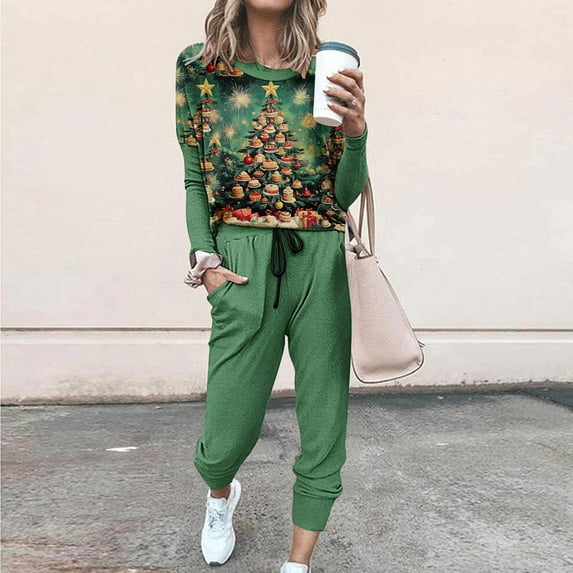Moxiu Christmas Sweatsuits Womens,Sweatsuits for Women Sets 2 Piece Christmas Outfits Glitter Xmas Tree Print Casual Lounge Sets Holiday Two Piece Sweat Suits Joggers Tracksuit Multicolor,S