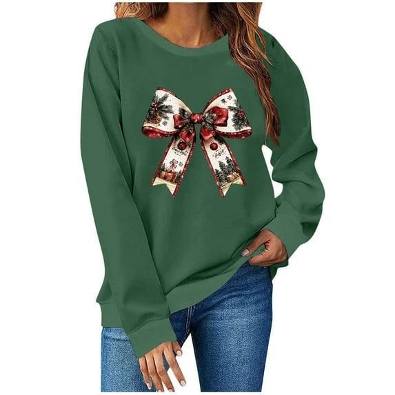 Moxiu Christmas Women's Vintage Santa Claus Sweatshirt Crewneck Long Sleeve Merry Christmas Holiday Pullover Top Army Green,S