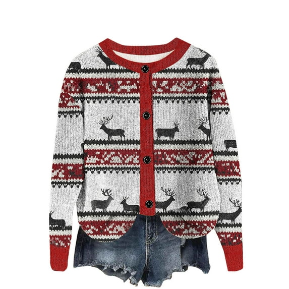 Moxiu Christmas Womens Cardigan Cute Funny Xmas Theme Print Open Front Button Sweater Casual Knitted Outwear Long Sleeves Red,S