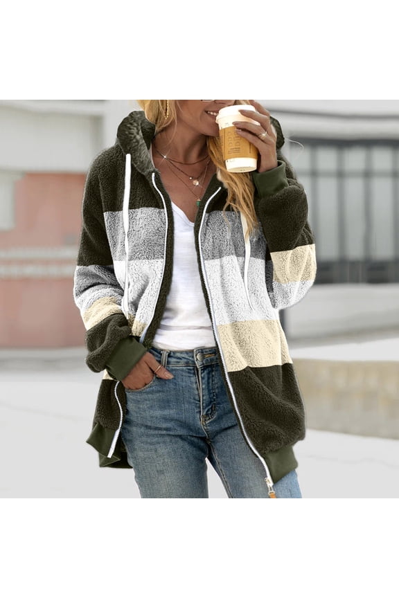 Clearance Jacket for Women 2023 Fall Winter Sherpa Fleece Jackets Full Zip Long Sleeve Casual Fuzzy Color Block Hooded Coats Outwear