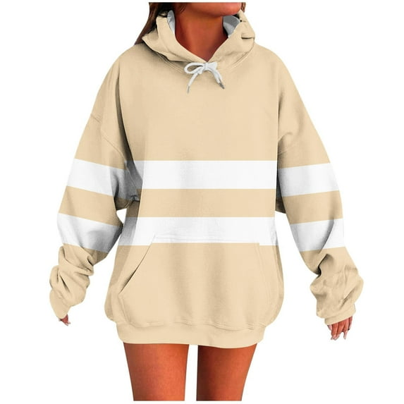 Moxiu Comfy Oversized Hoodies for Women Pullover Color Block Hoodie Fall Winter Fleece Hooded Sweatshirts Tops with Pocket 2025 Khaki,S