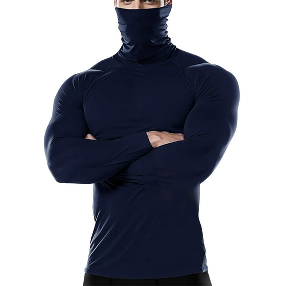 Moxiu Compression Mens Thermal Shirt Mock Turtleneck Gaiter-Neck with Face Mask Winter Running Athletic Base Layer Navy,XS