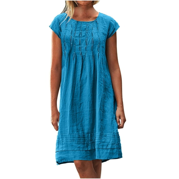 Moxiu Cotton Linen Dress Womens Pleated Summer Peasant Dresses Trendy Dressy Short Sleeve Dress Beach Vacation Casual Dress Plus Size 2025 Sky Blue,XXXXXL