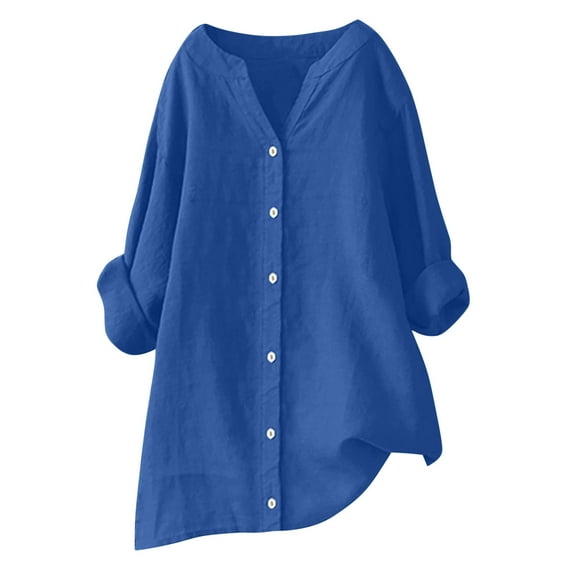 Moxiu Cotton Linen Shirts for Women 2025 Button Down V Neck Long Sleeve Work Tshirt Trendy Dressy Loose Gauze Shirt Blouses Casual Tunic Tops Plus Size Dark Blue,XXXXL