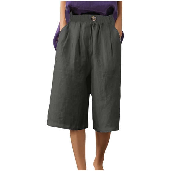 Moxiu Cotton Linen Shorts for Women Loose Fit Knee Length Bermuda Shorts Casual Wide Leg Elastic Waist Workout Shorts 2025 Dark Gray,XXXL