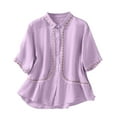 thumbnail image 1 of Moxiu Cotton Linen Tops for Women Summer Casual Short Half 3/4 Sleeve T Shirts Lightweight Ethnic Style Embroidery Blouses Tees 2025 Purple,L, 1 of 7