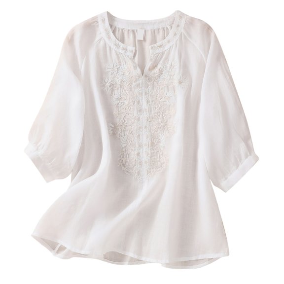 Moxiu Cotton Linen Tops for Women Summer Casual Short Half 3/4 Sleeve T Shirts Lightweight Ethnic Style Embroidery Blouses Tees 2025 White,L