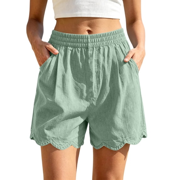 Moxiu Linen Shorts for Women Flowy Elastic Waist Scallop Hem Shorts Beach Summer Lounge Cotton Short Pants with Pockets 2026 Mint Green,XL