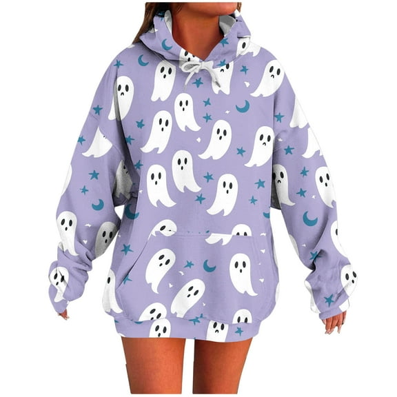 Moxiu Cute Halloween Sweatshirts for Women Spooky Season Hoodie Cute Ghost Graphic Sweatshirts Funny Long Sleeve Hoodies Purple,S
