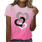 Moxiu Cute Sparkly Rhinestone Heart Tops Womens Gradient Print Crew Neck Short Sleeve Casual Blouses Pink,XXL