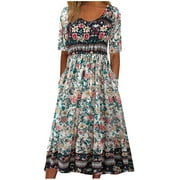 MOXIU Daily Deals,Dresses for Women 2023 Casual,Women's Half Sleeve Linen Midi Dress Loose Crewneck Bohemian Floral Printed Swing Beach Dress for Curvy Women with Pockets