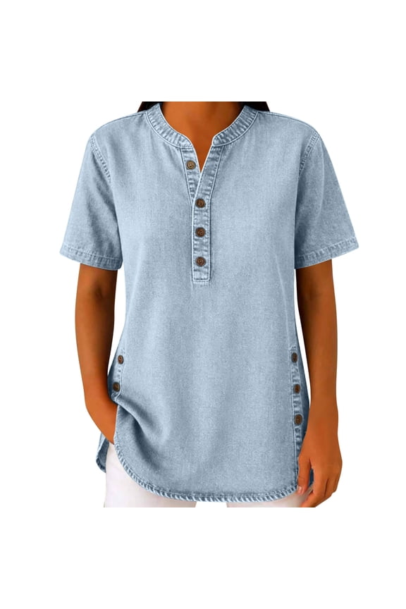 Denim Henley Tops for Women Short Sleeve Button V Neck Jean Blouse Summer Loose Fit Side Split Work Tunic Shirts 2026 Silver,XL
